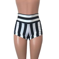 Sexier and more flattering! Our classic booty shorts made in black & white striped spandex with ruching on each side. Made to flatter your figure and move with you. The standard inseam is 2.5" - but can be customized. Choose between low-rise, mid-rise and high-waist (high-waist shown in photos). High Waist Shorts For Cheerleading In Summer, Fitted High Waist Club Shorts, Fitted High Waist Shorts For Club, Summer Dancewear Shorts, High Waist Dancewear Bottoms For Summer, Summer Dancewear Shorts With Built-in Liners, Dancewear Bottoms With Built-in Shorts, High Waist Club Bottoms With Built-in Shorts, Rave Shorts