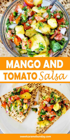 Mango salsa with tomato and chopped cilantro in glass bowl with pita chips. There is text written between 2 images. Mango Tomato Salsa, Tomato Salsa Recipe, Vegetarian Salads, Mango Salsa, Salsa Recipe, Side Salad, Sharing Board