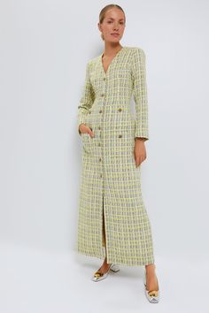 Citron Tweed Rafferty Dress | Tuckernuck Tweed Maxi Dress, Business Professional Outfits Dress, Professional Outfits Dress, Tweed Aesthetic, Business Professional Outfits, Green Tweed, Fall Denim, Power Suit, Classy Casual Outfits