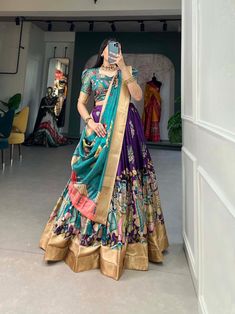 Designer Exclusive Pure Kalamkar Silk Half Saree Lehenga Choli With Embroidery Work, Party & Wedding Wear Pure Banarasi Silk Lehenga Choli - Etsy Kalamkari Prints, Purple Lehenga, Kalamkari Print, Lehenga Choli Designs