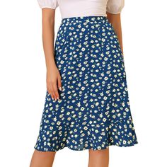 Through the summer seasons in this effortlessly chic flowy skirt. In a midi silhouette that wraps around, this skirt exudes the spring-summer feel you can't wait for. Sitting high on the waist, the light and breezy fabric trimmed with ruffles falls to a split skirt for impact and movement as you walk. Cut in a flared shape, this skirt is designed with a button closure at the side flattering for showing your looming legs. Adding a beautiful floral flourish for feminine appeal, this style is a fus Floral Long Skirt Outfit, Split Midi Skirt, Midi Skirt Blue, Long Floral Skirt, Long Skirt Outfits, Rock Outfit, Split Skirt, Outfits Spring, Floral Midi Skirt