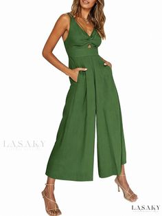 Lasaky - Halter Neck Hollow Out Pleated High Waist Wide Leg Jumpsuit with Pockets Fashion Jumpsuits, Linen Outfit, Resort Casual, Thanksgiving Outfit Women, Jumpsuit Casual, Jumpsuit Dressy, Linen Jumpsuit, Thanksgiving Outfit, High Rise Leggings