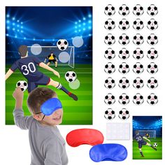 PRICES MAY VARY. Soccer party pin game set includes: 1* soccer party poster; 2* blindfolds; 30* football stickers; 12* self-adhesive dot tapes Football party game set is great choice for soccer themed party, boy party, boy birthday party, classroom family activities, etc. Interesting soccer game for the kids Large size: 28" * 21" large high gloss poster,can be used as home decoration, wall decorations, room decoration, birthday party supplies, circus party decorations Easy to play: Paste the soc Football Birthday Decorations, Games For Classroom, Games Christmas Party, Football Party Games, Ball Stickers, Party Games Christmas, Soccer Games For Kids, Classroom Christmas Activities, Circus Party Decorations