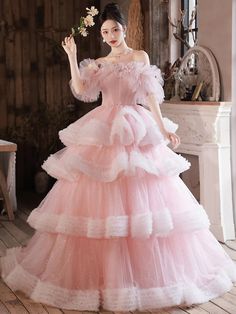 Womens Elegant Pink Tulle Off-Shoulder Ball Gown Pink Evening Gowns, Sweet 16 Dress, 16 Dress, Sweet 16 Dresses, Pink Prom Dresses, Pink Tulle, Long Prom Dress, Prom Gown, Dress Pink