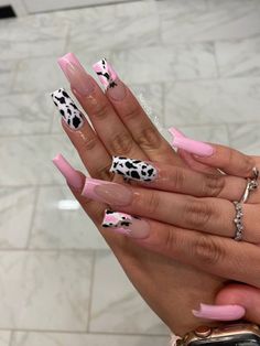 68 aesthetic Y2K Nails designs you cannot get enough of Medium Cow Print Nails, Baddie Acrylic Nails Medium Length, Classy Professional Nails, Vaquita Nails, 30th Birthday Nails Design, Vaquera Nails, Disco Cowgirl Nails, Weird Nail Designs, Cow Pattern Nails