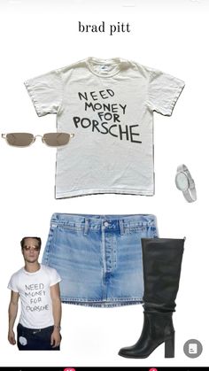 a white shirt and blue jean skirt with black boots, sunglasses and t - shirt that says no money for porshe