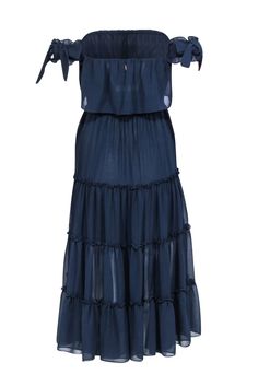 Show off your fashionista flair with the MISA Los Angeles dress. This navy beauty has all the flirty details you could ever dream of, from the semi-sheer navy ruffles to the off-the-shoulder tiers. It's sure to make heads turn! Size XS Made in USA 100% Viscose Semi sheer Off the shoulder Elastic stretch neckline and waist Bust 32" Waist 22" Shoulder to hem 36.5" Sleeve length 3" Navy Ruffled Dress For Party, Navy Party Dress With Ruffles, Navy Ruffled Midi Dress, Navy Maxi Dress For Summer Party, Navy Ruffle Dress For Summer, Navy Midi-length Dress With Ruffles, Navy Evening Maxi Dress For Summer, Navy Midi Dress With Ruffles, Elegant Navy Dress With Ruffles