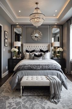 a large bed sitting under a chandelier next to a window in a bedroom