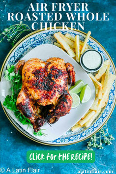 grilled chicken served on a plate with fries and garnish