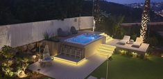 an aerial view of a backyard with a hot tub and lounge chairs in the foreground