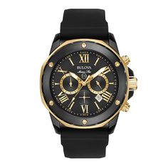 This men's chronograph watch from the Marine Star collection by Bulova features a black dial, yellow-gold-tone accents, three timing subdials and a date window set in a black ion-plated stainless steel case. A mineral crystal tops the case, while a buckle secures the black silicone strap. The men's watch has a quartz chronograph movement, and is water-resistant to 100 meters. Mens Watches Expensive, Watches For Men Unique, Bulova Mens Watches, Bulova Watches, Mens Chronograph, Jared The Galleria Of Jewelry, Mens Fashion Watches, Chronograph Watch Men, Rolex Men