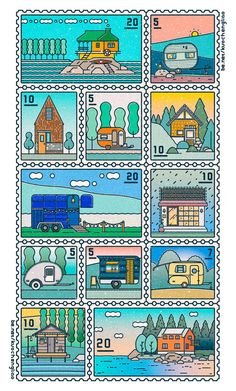 a postage stamp with an image of different types of houses