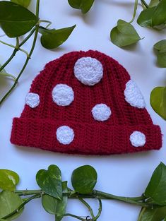 a red and white knitted hat sitting on top of a table next to green leaves