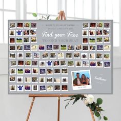 an easel with pictures on it and flowers in the foreground, next to a sign that says find your face