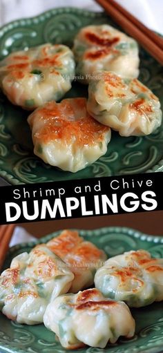 shrimp and chive dumplings on a green plate with chopsticks in the background