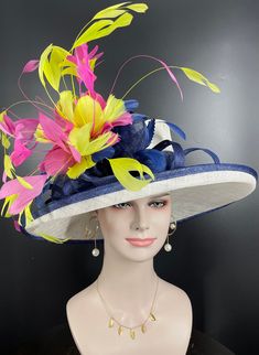 "IF YOU LIKE THE DESIGN, JUST WANT TO ADD SOME COLORS TO MATCH YOUR DRESS, PLEASE FEEL FREE TO CONTACT ME, I WILL HELP YOU. 100% Sinamay, light and comfortable *Wide brim measure Appr 6.5\" brim *The crown is decorated with feather flower. Very beautiful!! *Head girth is 22\"-23\",adjustable string inside can give you the best fit. *Great for Kentucky Derby, Church, Wedding, Tea Party or other special event 💃1. All hats will be sent from Rockville, MD, 20850, using FedEx Ground (1- 5 business d Navy Hat For Spring, Fitted Navy Hat For Kentucky Derby, Fitted Blue Straw Hat With Short Brim, Blue Straw Hat With Short Brim, Blue Fitted Wide Brim Straw Hat, Navy Hat For Kentucky Derby Party, Navy Party Hat For Kentucky Derby, Blue Wide Brim Straw Hat For Kentucky Derby, Blue Costume Hats And Headpieces For Races In Spring