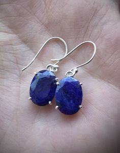 "Gorgeous genuine Sapphire handcrafted earrings in 925 solid sterling silver, the full length is about 1.22\". ✓You'll receive your new earrings with the gift box ✓ Genuine Sapphire ✓Because of the natural crystal structure, natural gemstones could have some small visible scars and crackles ✓ Solid 925 Sterling Silver (925 parts per 1000) ✓ Silver Hallmark on every item ✓ Due to unique shape of the main stone the earrings are slightly different in length Blue sapphire can be used to help ease he Crystal Structure, New Earrings, Pretty Pendant, Handcrafted Earrings, Agate Pendant, Silver Pendant Necklace, Pink Tourmaline, Natural Crystals, Solid 925 Sterling Silver