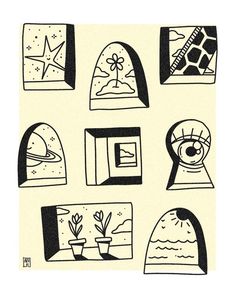 black and white drawing of windows with plants, flowers and pictures on the window sill