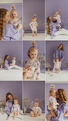 a collage of photos with babys and their mom in lavender outfits, sitting on a white table