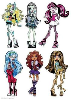 four cartoon girls with long hair and high heels, all dressed up in different outfits