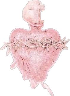 a pink heart shaped perfume bottle with barbed wire around the top and bottom part, on a white background