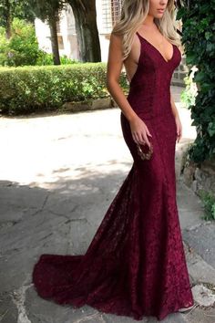 Sexy Burgundy Lace V-Neck Formal Dress Evening Gown Dresses Maroon Prom Dress, Prom Dresses 2018, Spaghetti Strap Prom Dress, Cheap Evening Dresses, Graduation Dresses, Lace Prom Dress, Burgundy Prom Dress, Prom Dresses For Teens, Backless Prom Dresses