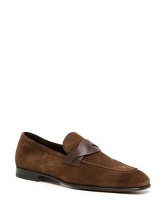 TOM FORD Sean Suede Loafers - Farfetch Designer Brown Suede Loafers, Brown Luxury Loafers, Designer Brown Slip-on Loafers, Luxury Brown Low-top Loafers, Luxury Semi-formal Loafers With Suede Lining, Loafers Brown, Brown Loafers, Suede Loafers, Stacked Heel