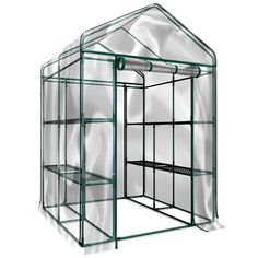 a small green house with glass walls and shelves on the side, in front of a white background