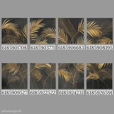 gold palm leaves on black and white background with the numbers in each panel below them