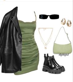 Long Dresses Casual Outfit Ideas, Outfit With Green Purse, Jacket Over Dress Outfit, Green Night Outfit, Classy Green Outfits, Black And Green Outfit Aesthetic, Dr Outfits Shifting, Night Out Dress Outfit, Slytherin Party Outfit