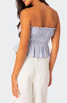 This summery cotton crop top is designed in a sweet strapless silhouette with shaping smocking. Strapless 100% cotton Machine wash, dry flat Imported Denim Skirt Trend, Visionary Fashion, Top Strapless, Strapless Crop Top, Cotton Crop Top, Skirt Trends, Top Graphic Tees, Linen Top, White Casual