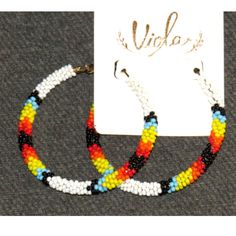 Southwest Style Multicolor Seed Bead Hoop Earrings. Earrings Are 2 1/8" In Diameter And 3/16 Of An Inch Wide. New With Tag. Smoke Free, Pet Free Home. White Bohemian Hoop Earrings With Colorful Beads, Adjustable White Hoop Earrings With Colorful Beads, White Hoop Earrings With Colorful Beads, Gift White Hoop Earrings With Colorful Beads, White Beaded Hoop Jewelry, Seed Bead Hoop Earrings, Pearl Threader Earrings, Bead Hoop Earrings, Minnie Mouse Earrings