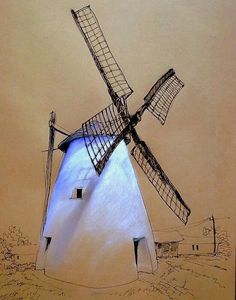 a drawing of a windmill with blue light coming from it's top and bottom blades