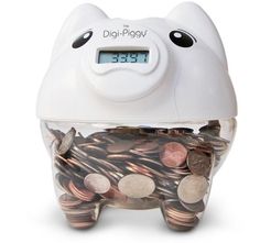 a white piggy bank with coins in it