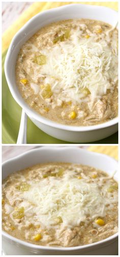 two pictures of soup with cheese and vegetables