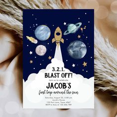 a space themed birthday party card with an image of a rocket ship in the sky