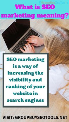 a woman is typing on her laptop with the words, what is seo marketing?