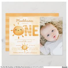 a baby's first birthday card with an orange sun