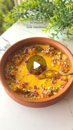 a bowl filled with soup sitting on top of a table next to a potted plant