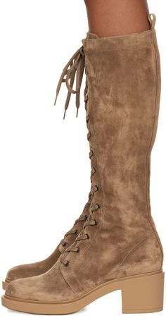 Handcrafted knee-high suede boots in brown. · Lace-up closure · Zip closure at inner side · Grosgrain pull-loop at heel collar · Logo embossed at heel · Grained leather lining · Block heel · Treaded rubber sole · Heel: H2.5 in Supplier color: Camel Brown Wide Calf Knee-high Lace-up Boots, Brown Knee-high Wide Calf Lace-up Boots, Brown Suede Knee-high Boots With Suede Lining, Brown Suede Wide Calf Knee-high Boots, Suede Knee-high Heeled Boots With Leather Sole, Brown Suede Knee-high Boots, Brown Suede Mid-calf Boots With Suede Lining, Suede Boots Knee High, Suede Boots