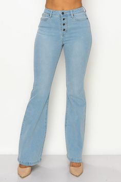 A pair of woven bell-bottom denim jeans in a solid color featuring a button-down closure, high rise waist, traditional five-pocket construction, belt loops, and a full length. FABRIC & CARE Fabric: 75%COTTON 15%POLYESTER 8%VISCOSE 2%SPANDEX Wrinkle Resistant: Wrinkle resistant technology keeps you looking your best from day to night Care: Machine wash FIT & SIZING True to size Note if in between sizes we suggest sizing up Trendy Flare Jeans With Button Closure For Fall, Spring Medium Wash Flare Jeans With Button Closure, Trendy Denim Flare Jeans With Buttons, Blue Flare Jeans With Button Closure For Fall, Trendy Denim Blue Flare Jeans With Buttons, Trendy Flare Bottoms With Button Closure, Spring Wide Leg Flare Jeans With Buttons, Trendy Denim Flare Jeans With Button Closure, High Rise Flare Jeans With Buttons For Spring