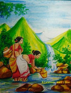 a painting of two women washing their hands in a stream with mountains and trees behind them