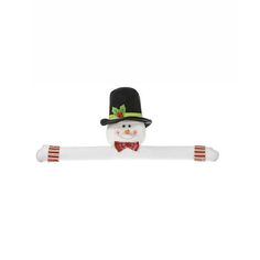 a snowman holding a white sign with a bow tie and top hat on it