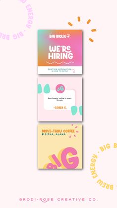 three different business cards with the words we're hiring and one is for sale