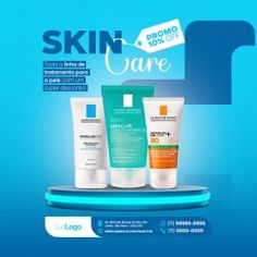 an advertisement for skin care products on a blue background