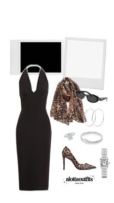 a black dress with leopard print scarf, sunglasses, and accessories on display in front of a white background