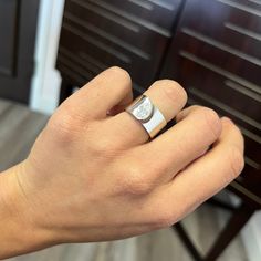 Part of our latest "Melrose" collection - these are cigar band inspired but with an open notch to truly enhance and showcase the silhouette of the diamond. The lines are elegant and clean, with a nod to architectural lines. Bold on the finger, and statetement-making! Low set on the finger.The pear cut diamond is antique - charming, chunky, icy-white face up and 100% eye-clean. Unlike our other cigar bands, this one was set at an angle for a touch of whimsy! Platinum Size 5.50 but fits like a 4.7 Modern Rings With Polished Finish For Everyday Luxury, Modern Wide Band Rings With Single Cut Diamonds, Modern Polished Diamond Ring For Everyday Luxury, Modern Diamond Ring With Polished Finish For Everyday Luxury, Modern Open Ring Jewelry With Single Cut Diamonds, Modern Single Diamond Jewelry In Diamond White, Modern Jewelry With Single Cut Diamonds And Open Band, Modern Baguette Cut Rings For Everyday Luxury, Modern Everyday Luxury Diamond Ring