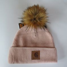 Custom Hat: Carhartt Cherry Blossom Beanie Altered With The Addition Of A Handmade In The Usa Premium Lynx Faux Fur Pom We Make By Hand All Of Our Poms Here In The Us Listing Crossposted On Ebay 100% Acrylic Rib-Knit Partial Fleece Lining For Warmth Cardigan Stitch Pattern Leatherette Carhartt Patch Sewn On Front Pink Casual Beanie Cap, Trendy Adjustable Pink Beanie, Trendy Pink Beanie, Pink Cap For Fall, Casual Pink Beanie One Size, Casual Pink Beanie, Pink Casual Beanie For Fall, Casual Pink Beanie For Fall, Casual Warm Pink Beanie