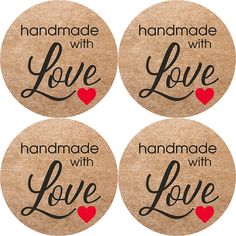 four coasters with the words, handmade with love and hearts on each one