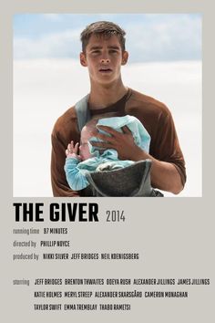 a man holding a baby in his arms with the words the giver on it